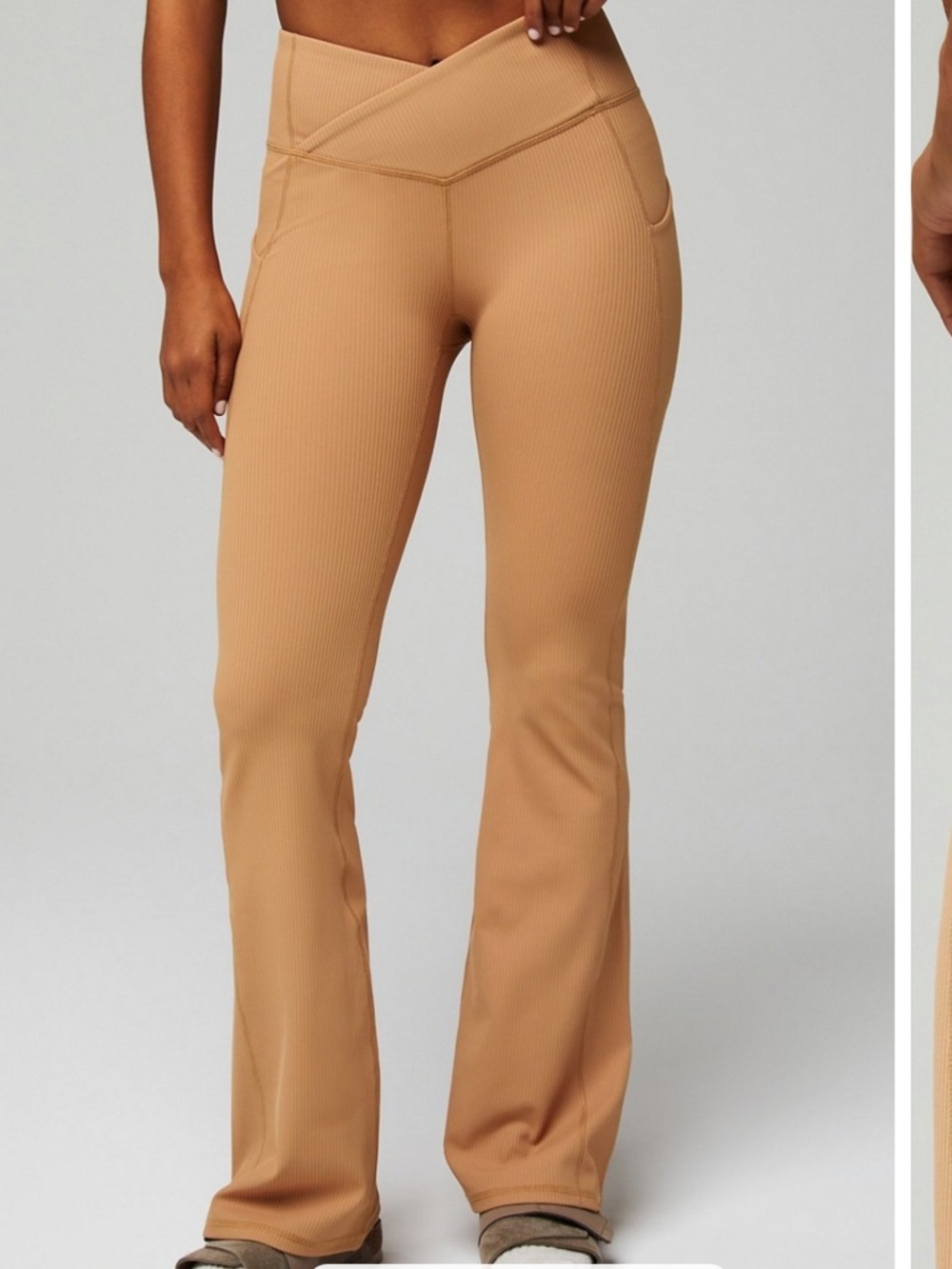 Fabletics Oasis Rib HW Crossover Kick Flare Pants in Quicksand | Small Tall